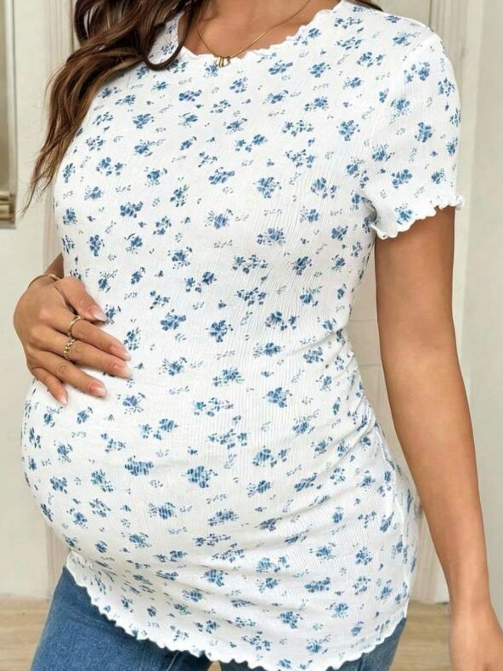 White Floral Maternity Tee with Blue Print